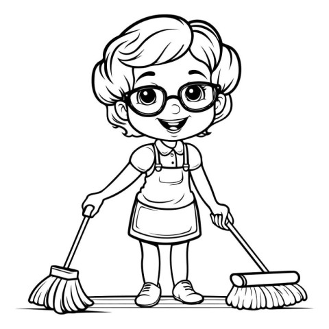 Cute Cartoon Woman Cleaning Floor with Broom. Vector illustratio