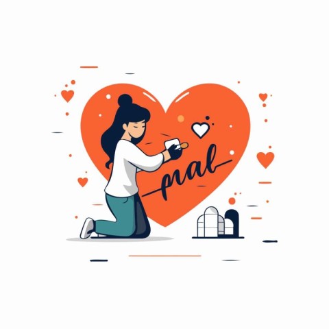 Woman with coffee cup in heart shape. Vector illustration in fla