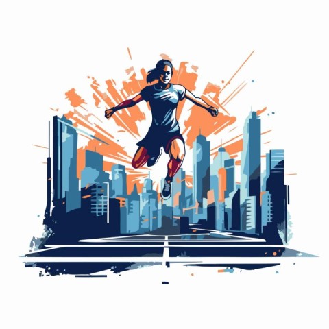 Running girl on city background. vector illustration. Sport and