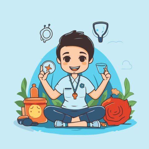 Cartoon little boy meditating in lotus position. Vector illustra