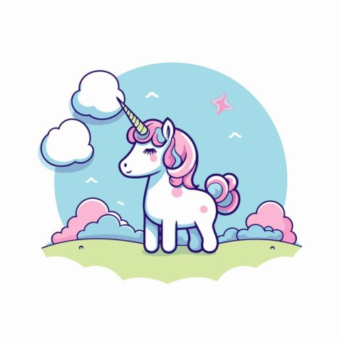 Cute cartoon unicorn on the meadow with clouds. Vector illustrat