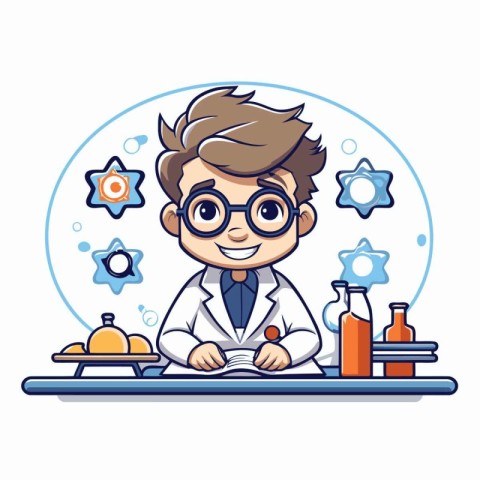 Scientist boy cartoon character. Vector illustration in a flat s