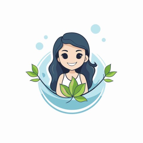 Girl with green leaves in water. Vector illustration in flat sty