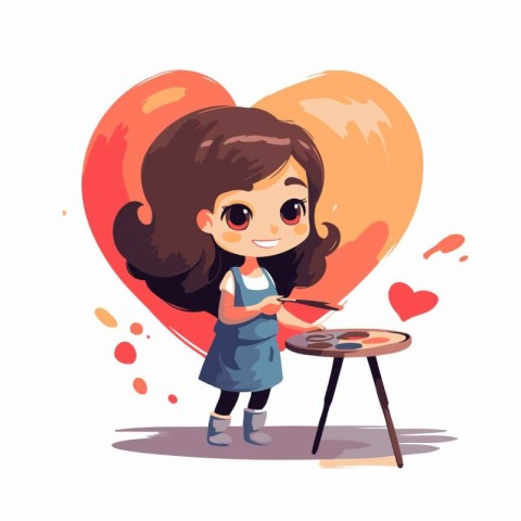 Cute little girl painting a heart on a table. Vector illustratio