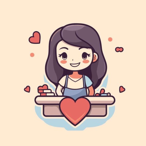 Cute little girl with heart in the bathroom. Vector illustration