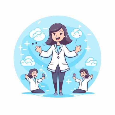 Female doctor in white coat with medical staff. flat vector illu