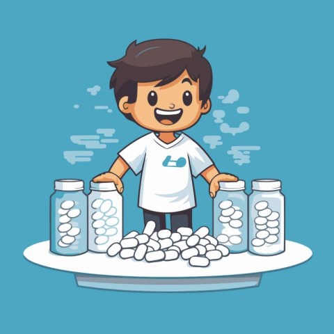 Cute little boy holding a pile of pills. Vector illustration.