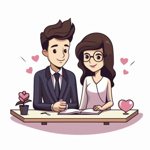 Lovely couple sitting at table in cafe. Cartoon vector illustrat