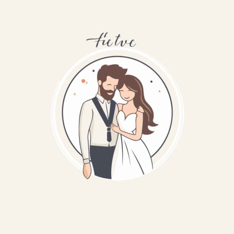 Happy bride and groom in a circle. Vector illustration in flat s