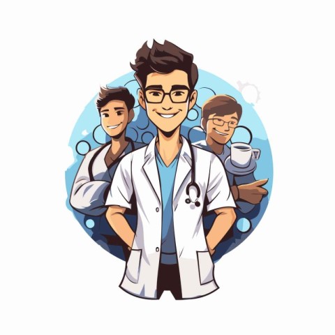 Vector cartoon illustration of a doctor with a group of medical