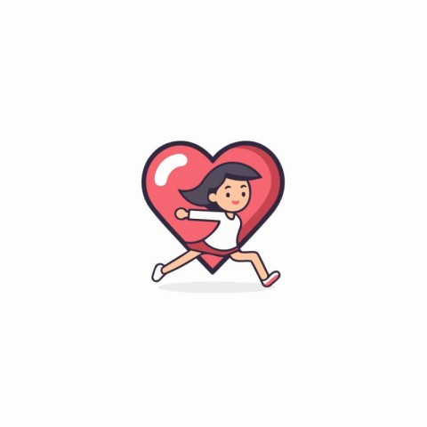 Cute little boy running with big red heart. Vector illustration.