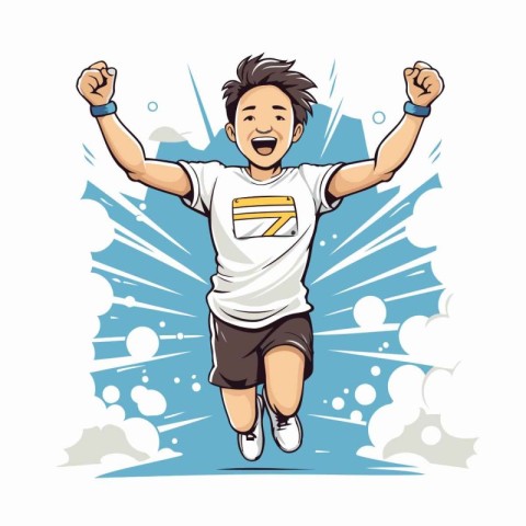 Sporty young man jumping with raised arms. Cartoon vector illust