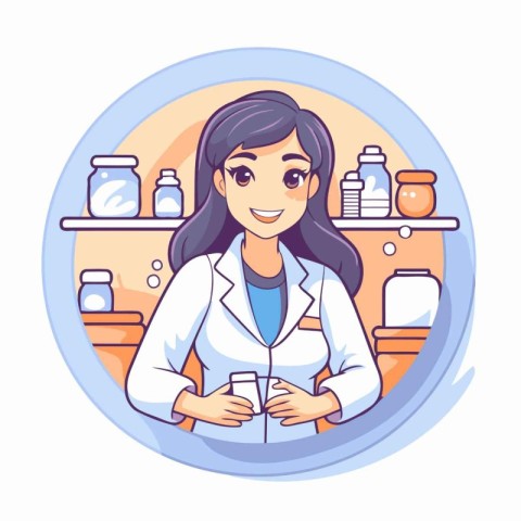 Young woman pharmacist in drugstore. Vector illustration in cart