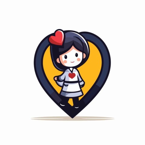 Cute girl with heart in the map pointer. Vector illustration.