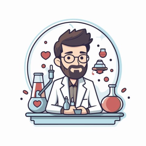 Scientist man with flask and love potion. Vector flat cartoon il