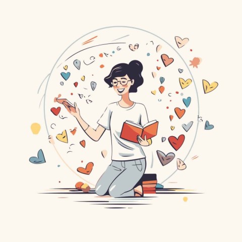 Vector illustration of a young woman reading a book. Girl in gla