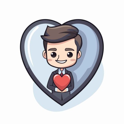 Cute man with heart in heart shape. Valentine's day vector illus