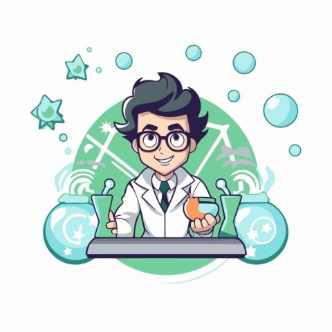 Scientist with test tube and flask. Vector illustration in carto