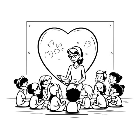 Children and teacher in a classroom. Black and white vector illu