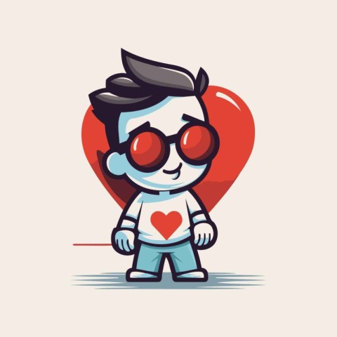 Vector illustration of a boy with heart shaped glasses. Cartoon