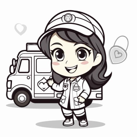 Cute nurse cartoon with ambulance. Vector illustration of a cute