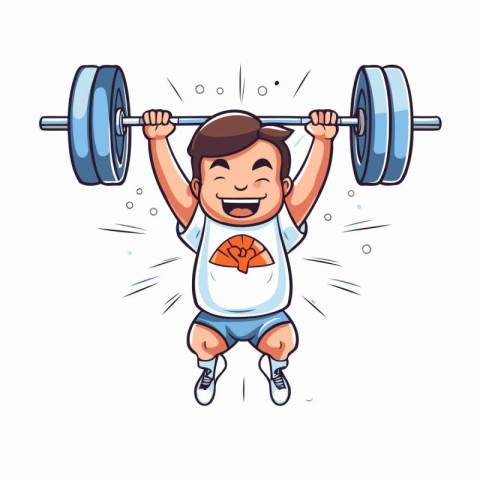 Cartoon boy lifting a barbell. Vector illustration on white back