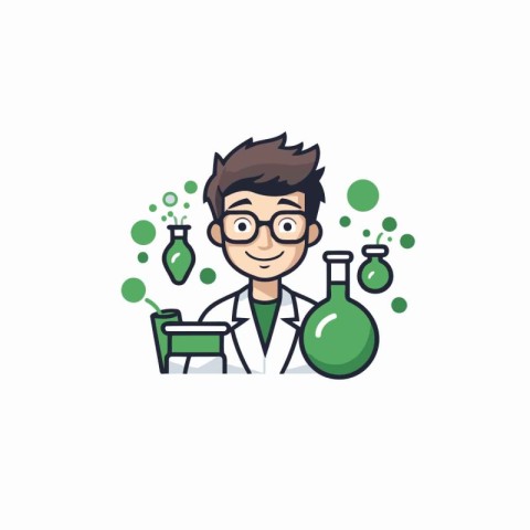 Cartoon scientist with test tubes and flask. Vector illustration