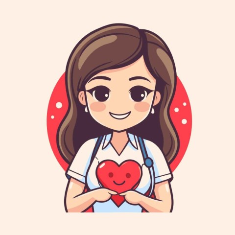 Cute girl holding a red heart. Vector illustration in cartoon st