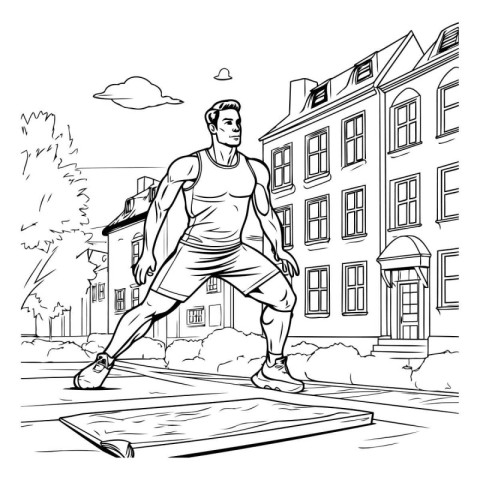 Man running in the city. Black and white vector illustration for