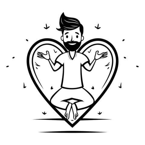 Man sitting in a heart and meditating. Black and white vector il