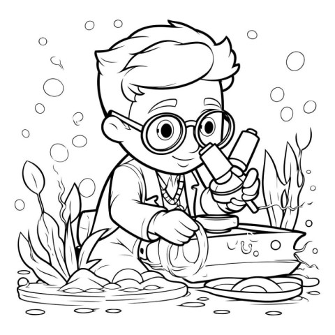 Black and White Cartoon Illustration of Kid Studying Underwater