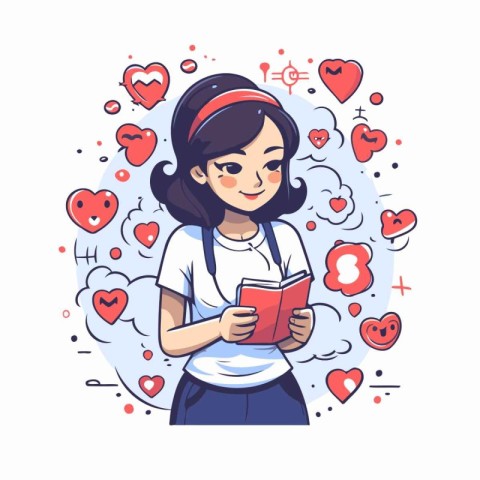 Cute girl with book and hearts around her. Vector illustration.