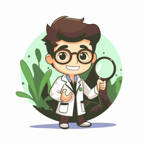 Scientist with magnifying glass. Vector illustration in cartoon