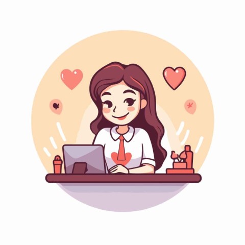 Girl working on laptop at home. Vector illustration in cartoon s