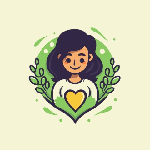 Cute girl with heart and leaves. Vector illustration in cartoon