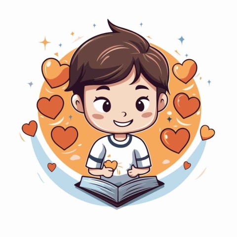 Cute boy reading a book with hearts around him. Vector illustrat