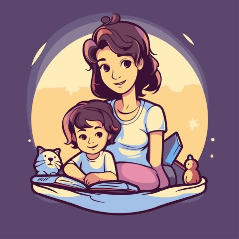 Mother and daughter reading a book. Vector illustration in carto