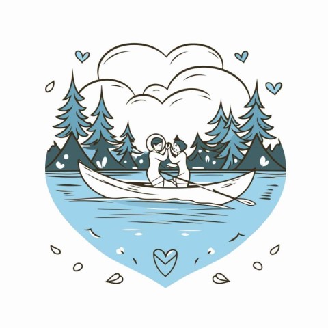 Couple kayaking on the river. Vector illustration in linear styl