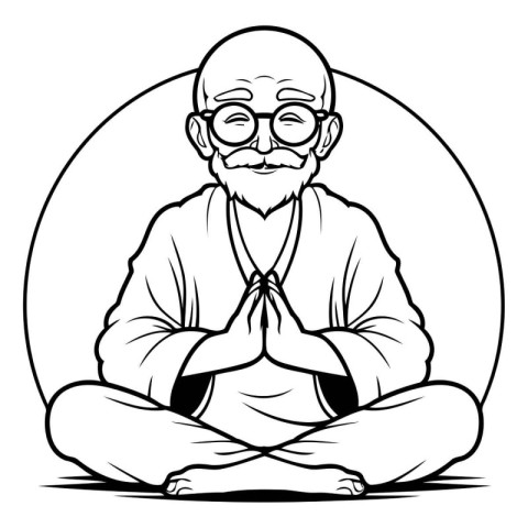 Old Man Meditating - Black and White Cartoon Illustration for Co