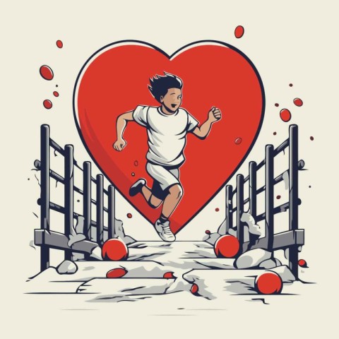 Vector illustration of a man running with a red heart in the bac