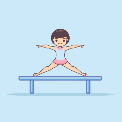 Cute little girl doing yoga on a balance beam. Cartoon vector il