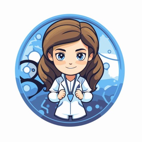 Cute little girl in a science lab coat. Cartoon vector illustrat