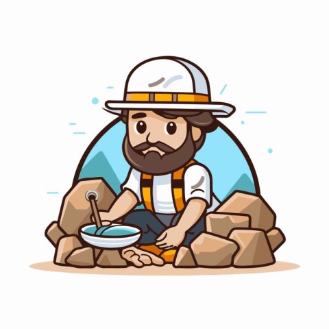 Miner with a spoon and a stone - Vector Cartoon Illustration