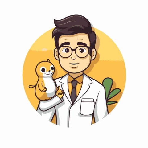 Vector illustration of a veterinarian holding a little dog in hi