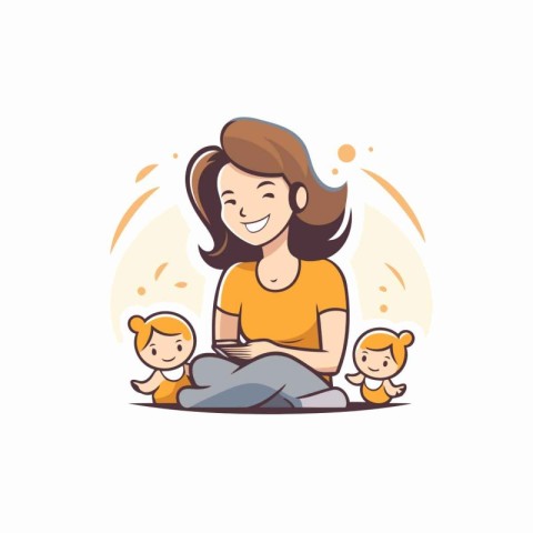 Mother with two children. Happy family. Vector illustration in c