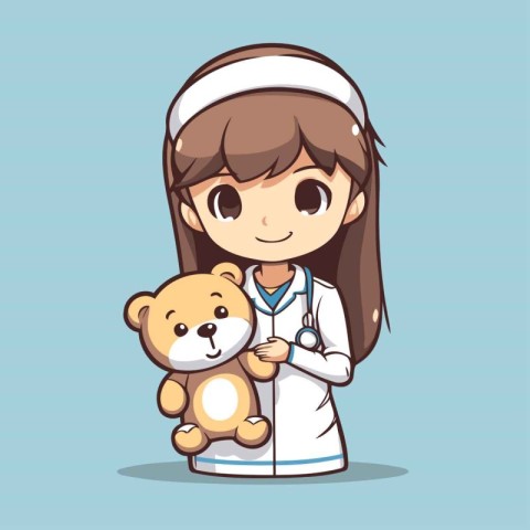 Nurse with teddy bear. Vector illustration. Cartoon character.