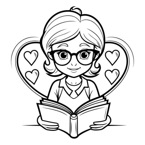 Black and White Cartoon Illustration of Woman Reading a Book or