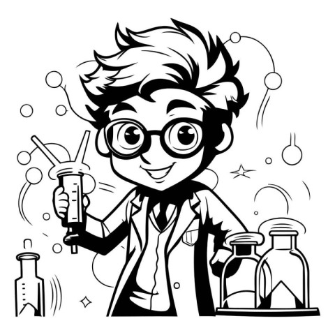 Black and White Cartoon Illustration of a Chemist or Scientist H