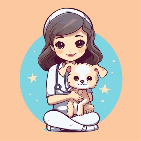 Veterinarian girl holding a dog. Vector illustration. Cartoon st