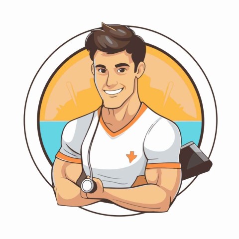 Portrait of a smiling fitness man with sportswear. Vector illust